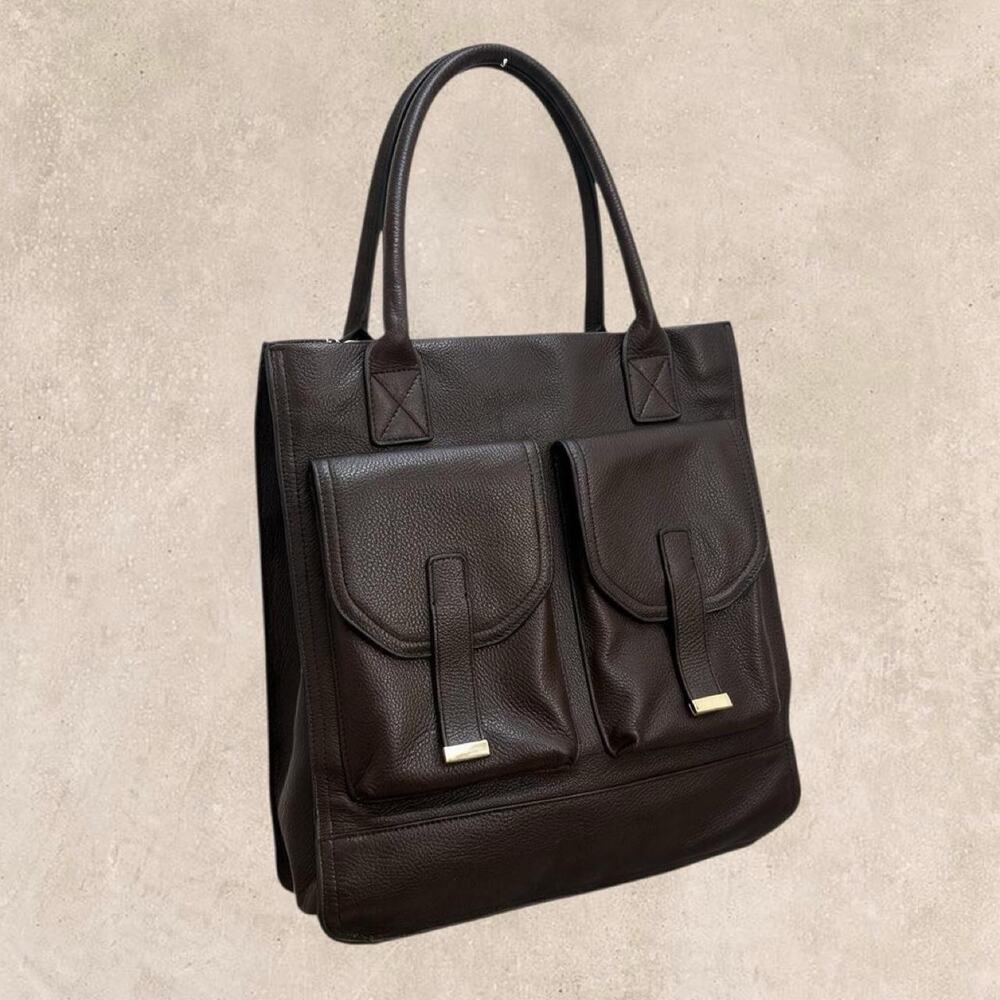 Leather tote bag brown pebbled Kristen bell